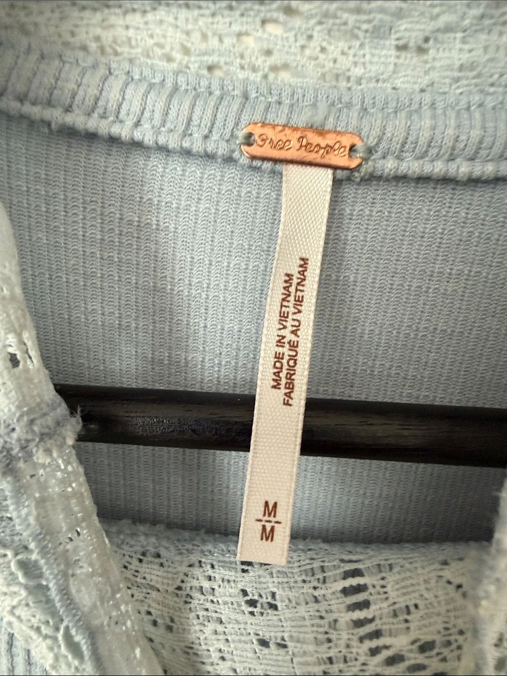 Free People Light Blue Lace-Trim Mock Neck Long Sleeve Top Size M